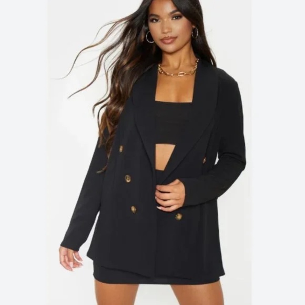 NWT Pretty Little Thing 8 Black Double Breasted Tailored Woven Blazer